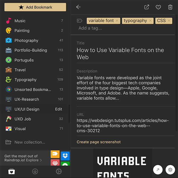 Screenshot of a bookmark example on Raindrop.