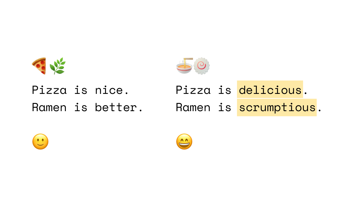 Pizza is nice. Ramen is better. Good. Pizza is delicious. Ramen is scrumptious. Even better.