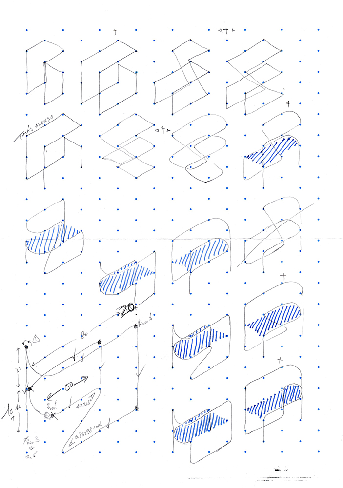 Exploring the possibilities to form a sitting surface from one simple line on isometric paper.