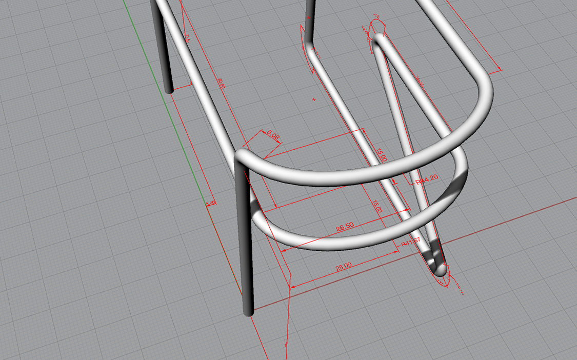 3D model showing the ergonomically curved armrest/back with measurements.