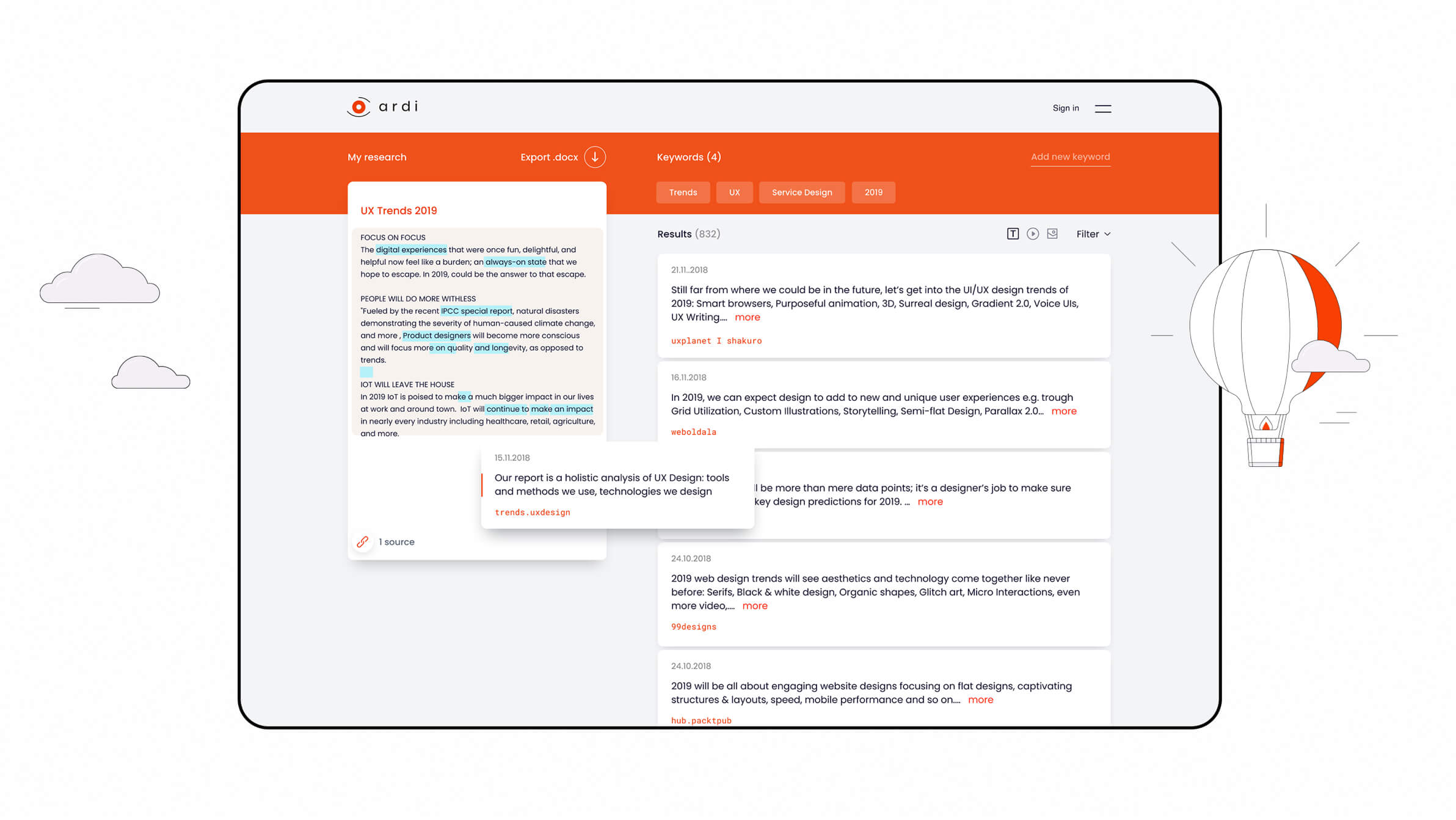 Interface of Ardi, simultaneous research and analysis driven by artificial cognitive intelligence